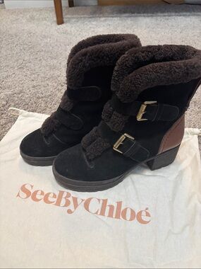 See By Chloé Brown Suede Shearling and Leather Buckle Block Heel Ankle Boots